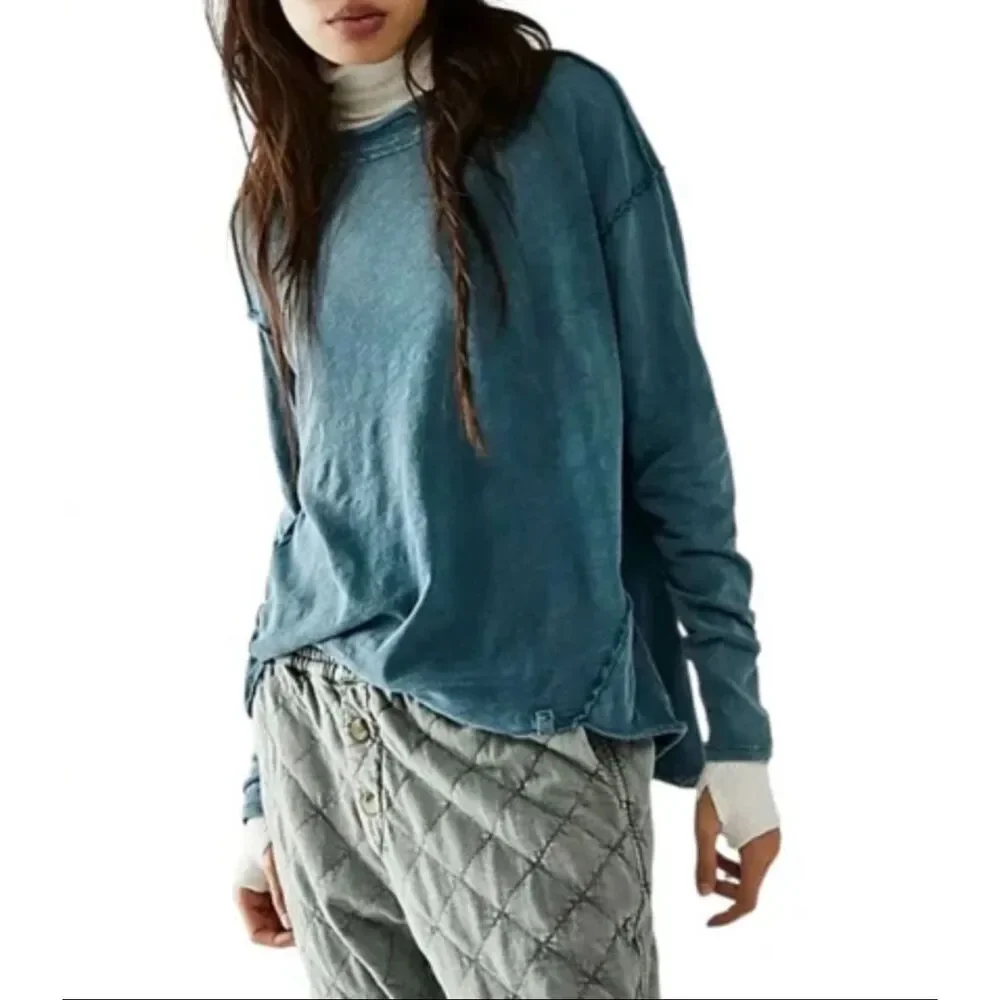 Free People We The Free Women’s Long Sleeve Regan Tee blue XL NEW